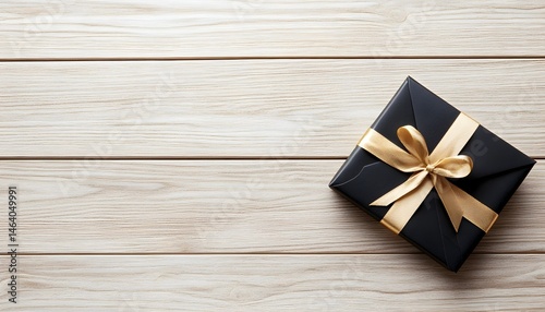 Elegant black gift box with gold ribbon on wood