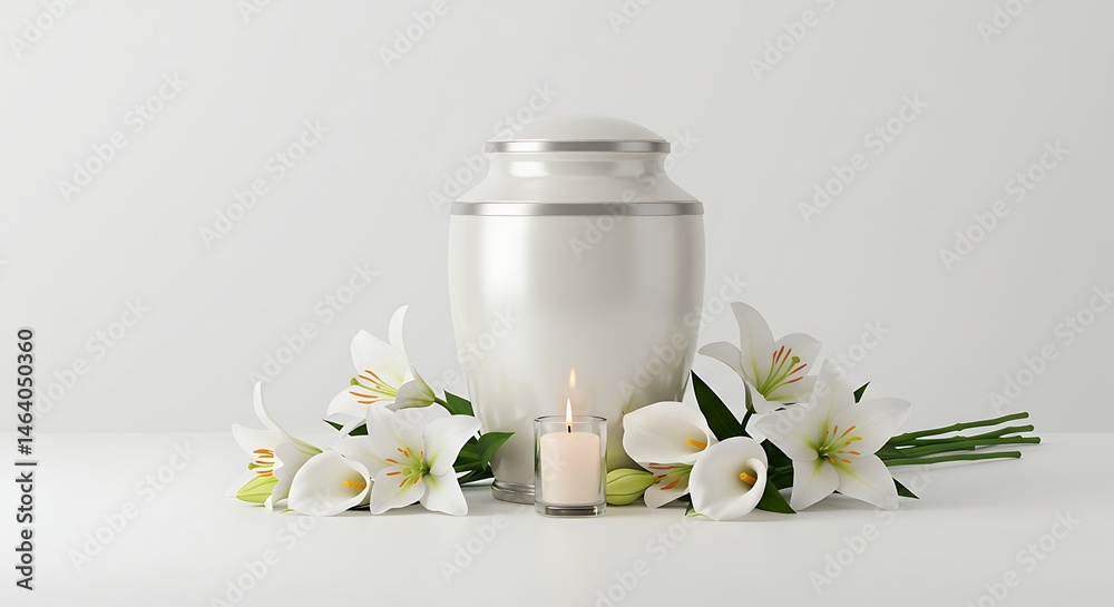 A funeral urn with white lilies and a soft candle glow, positioned in the center of a clean white background
A funeral urn with white lilies and a soft candle glow, positioned in the center of a clean white background