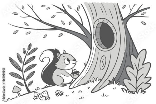 83 Black and white illustration, cute squirrel, tree hollow, detailed tree bark, acorns, grass, twigs, woodland scene, children's book style, line art, whimsical, cozy, nature, forest habitat, simple 