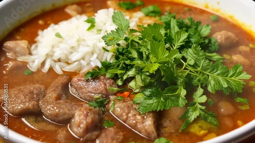 Stew with beef and rice topped with parsley in white bowl.