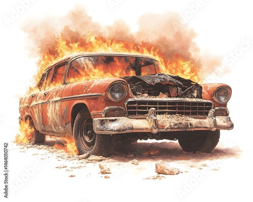 Fiery demise of a vintage car engulfed in flames