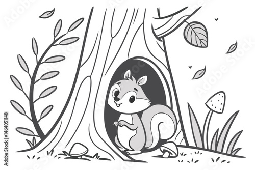 83 Black and white illustration, cute squirrel, tree hollow, detailed tree bark, acorns, grass, twigs, woodland scene, children's book style, line art, whimsical, cozy, nature, forest habitat, simple 