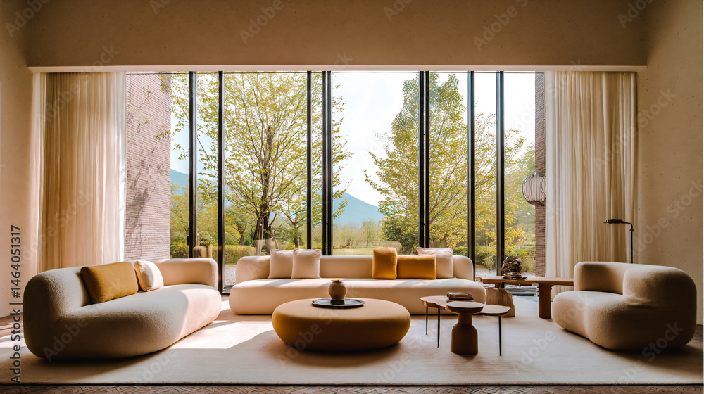 Grand salon avec canapés et table basse, avec grande fenêtre et vue sur le jardin