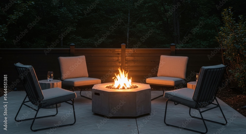 Fototapeta premium Outdoor fire pit with chairs at dusk