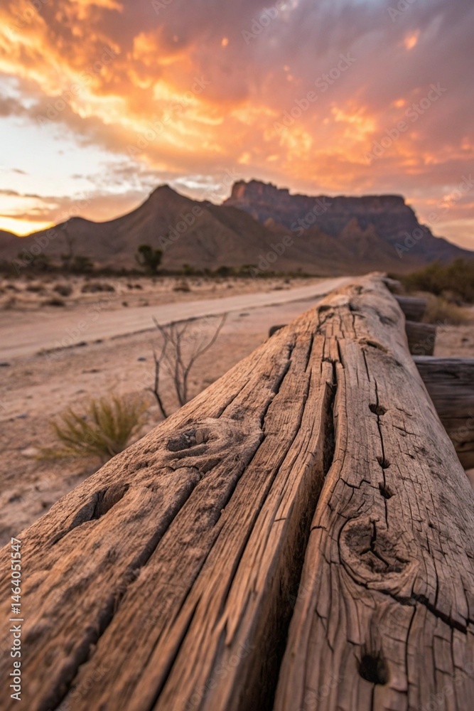 Weathered Wood Close-Up Against Desert Mountain Sunset. Weathered Wood Close-Up Against Desert Mountain Sunset.