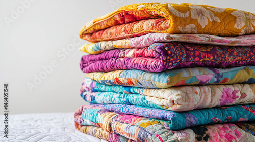 A stack of colorful quilts and bedspreads, representing patchwork productions, is displayed on a white background, leaving plenty of copy space.