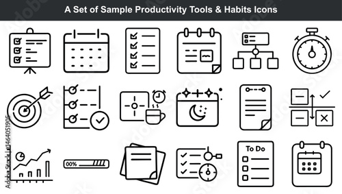 Collection of minimalist outline icons depicting productivity tools and daily habits concepts