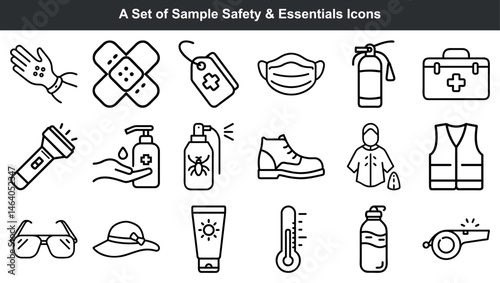 Set of illustrated safety and essentials icons for workplace health and outdoor activities