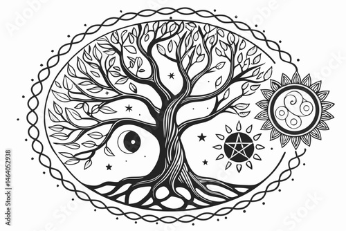 84 Surreal tree of life, intricate black and white illustration, celestial symbols, cosmic imagery, twisting branches, serpentine roots, circular cosmic bodies, sun and moon motifs, mystical art, deta