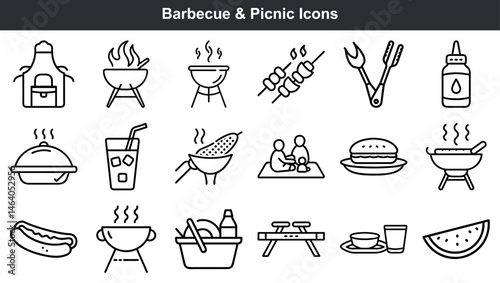 Collection of minimalistic black and white bbq and picnic related icon set design