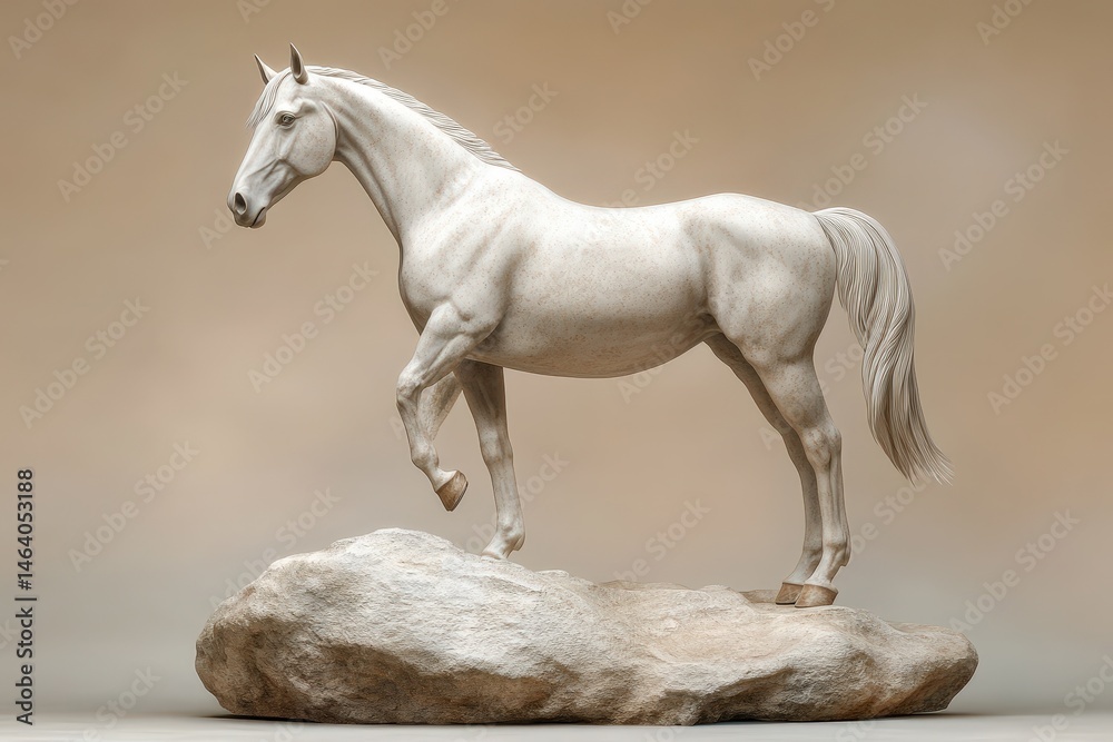 Elegant, light-gray sculpture of a horse on a rock. Elegant, light-gray sculpture of a horse on a rock.