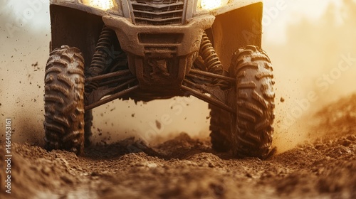 A rugged ATV rides through muddy terrain, kicking up dirt and showcasing its powerful off-road tires.