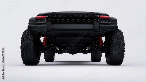 Low-angle view of a rugged black off-road truck showcasing its suspension, tires, and aggressive front grille.
