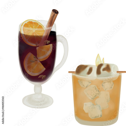 Campfire Mules, Glogg, vector, watercolor, printable illustration, party drinks, bar cocktails, cocktail set, for menu