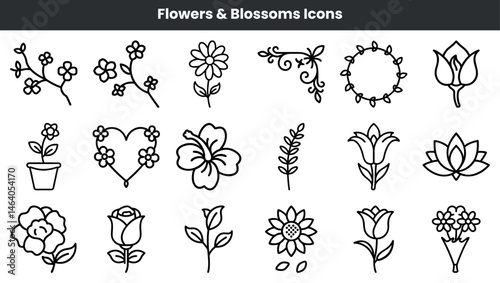 Set of beautifully drawn black and white floral and blossom icons for design projects