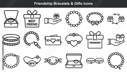 Vector illustrations of friendship bracelets and gift icons in a simple outline style