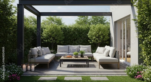 Outdoor living space with patio furniture and garden