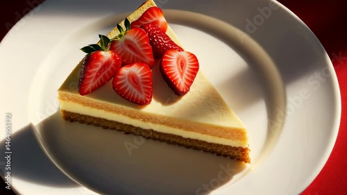 Top-down view of New York cheesecake slice topped with fresh strawberries on red background.	