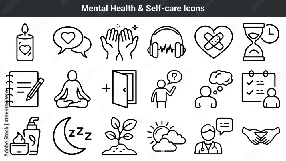 Fototapeta premium Collection of simple minimalist icons representing mental health and self care practices