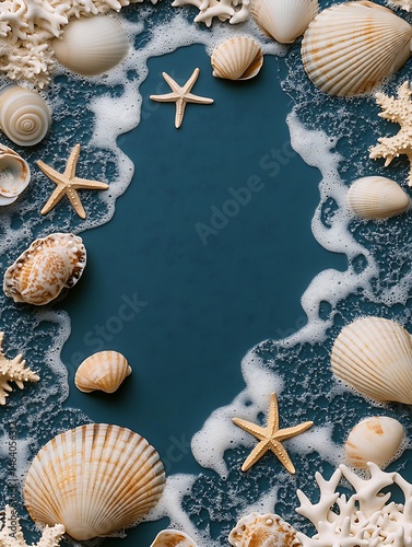 Seashells, starfish, coral, ocean frame