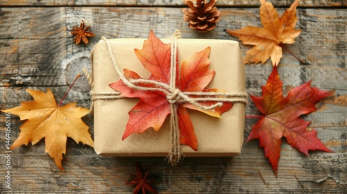 Gift wrapped in brown kraft paper with a twine bow, placed on a wooden surface surrounded by colorful autumn leaves, creating a cozy fall atmosphere. Top view