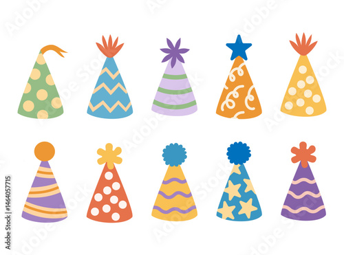 Cute colorful happy birthday hats set. Hand-drawn vector illustration in flat style.