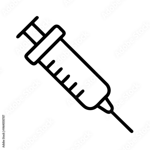 Ícone vetorial minimalista de seringa médica com contorno preto. Seringa com agulha