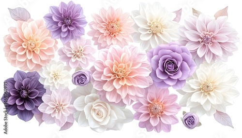 Pastel paper flowers in various dahlia and rose forms