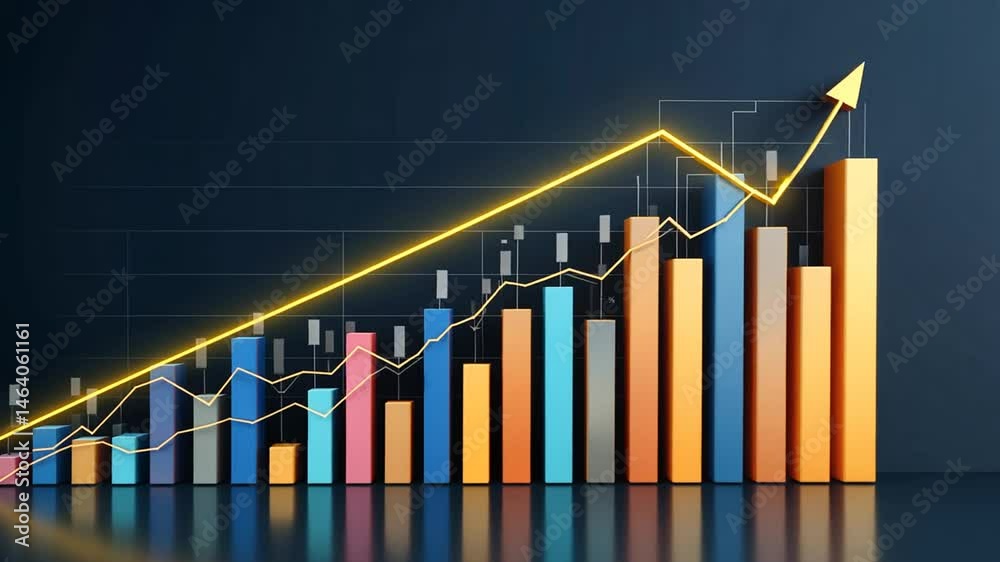 Financial graph with bar charts and trend lines on dark background. 3D Rendering