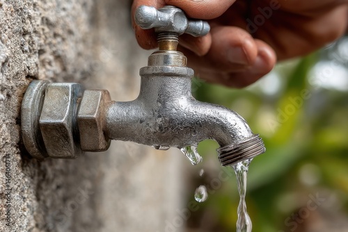 Hand turning a metal water faucet with flowing water droplets, mounted on a rough wall, with an out of focus green backdrop photo