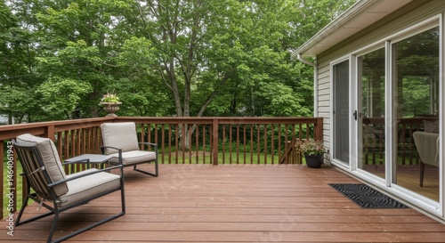 Wooden deck with chairs and view of trees