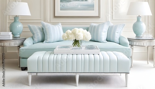Serene living room with light blue sofa, ottoman, and striped pillows; complemented by white hydrangeas and matching lamps on side tables