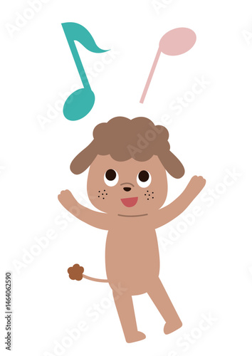 音符で遊ぶかわいい犬のイラスト