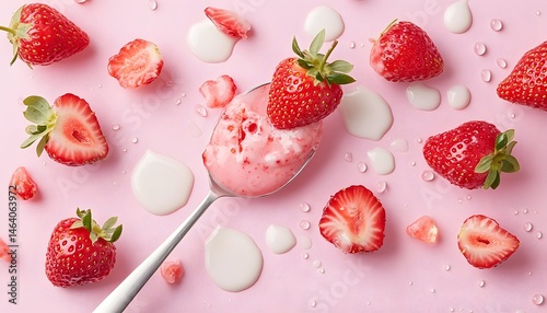 Spoonful of strawberry dessert with sliced strawberries and cream splatters on pink background