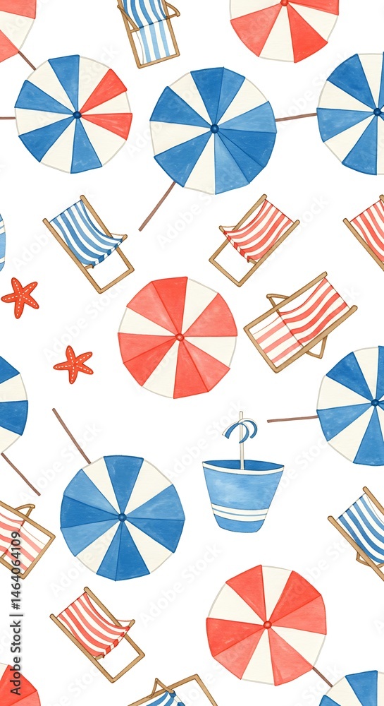 Obraz premium Red & Blue Beach Umbrellas and Chairs Pattern