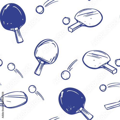 Ping pong paddles and balls, seamless pattern, doodle illustration, vector, hand drawn, monochrome