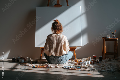 A young female artist sits cross-legged in a bright studio, preparing to paint on a large empty canvas in front of her.