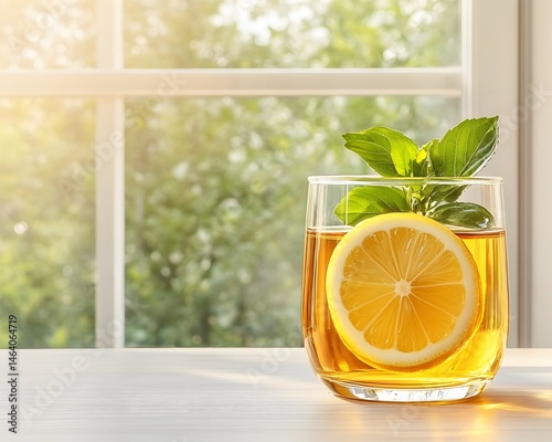 Sunlit glass of herbal tea with lemon and mint