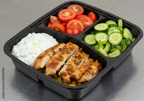 Realistic Photo of Chicken Meal with Vegetables in Black Container
