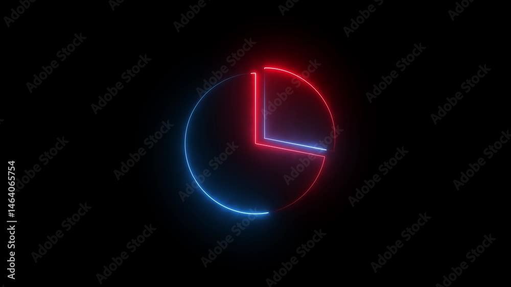 glowing neon line pie chart animated icon over black background