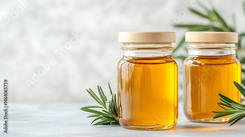 Two amber glass jars filled with golden liquid, possibly essential oil, sit on a light gray surface, adorned with fresh rosemary sprigs