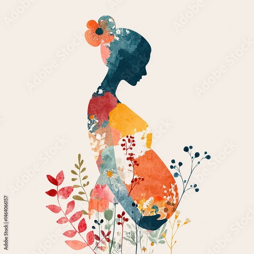 Pregnant woman floral silhouette holds belly with colorful abstract dress and flower hairpiece in minimalist botanical design