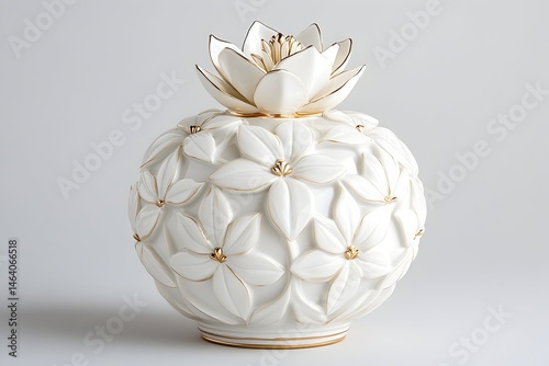 Elegant white porcelain vase with ornate floral design and gold accents, shaped like a sphere with a lotus flower top