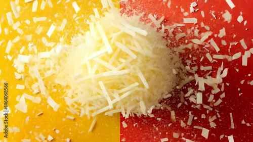 Close-up of shredded cheese pile exploding on yellow-red background in slow motion.