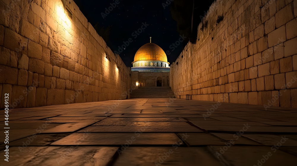 Fototapeta premium Nighttime Atmosphere of Tisha B'Av in Jerusalem with Illuminated Dome of the Rock Surrounded by Ancient Stone Walls