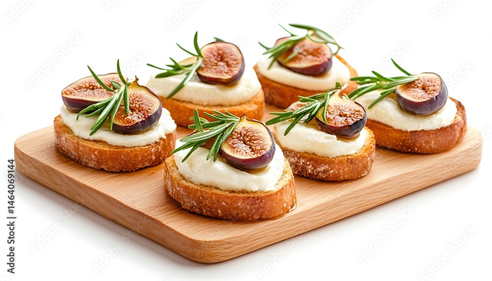 Six fig and cream cheese toasts on a wooden board Six fig and cream cheese toasts on a wooden board
