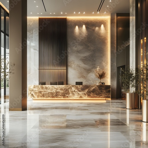 Luxurious Hotel Lobby Reception Desk with Marble and Modern Design Elements