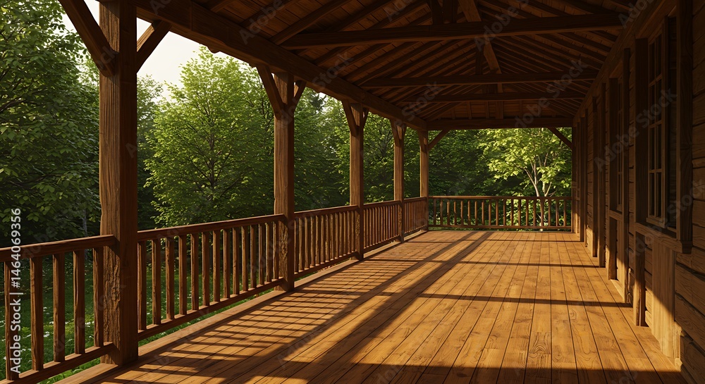 Wooden cabin porch with railings and view of trees on a sunny day. Wooden cabin porch with railings and view of trees on a sunny day.