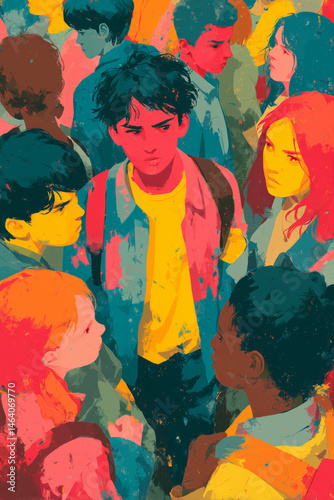 Together against violence and aggression for a safe school, bullying and conflict at school modern vector art cover