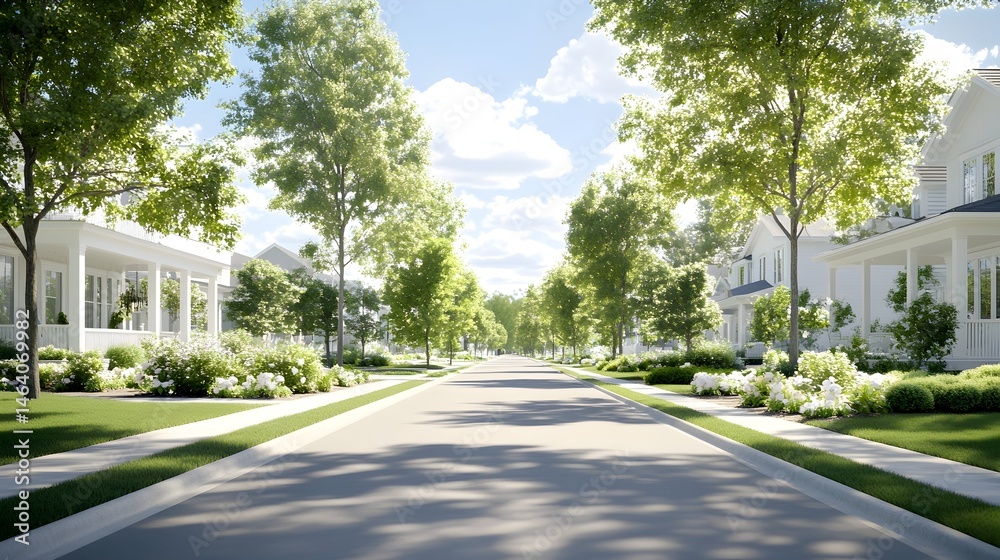 Sunlit street lined with white houses and lush greenery Sunlit street lined with white houses and lush greenery